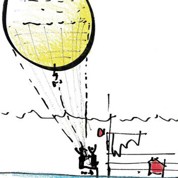 A sketch showing a balloon from which two people land